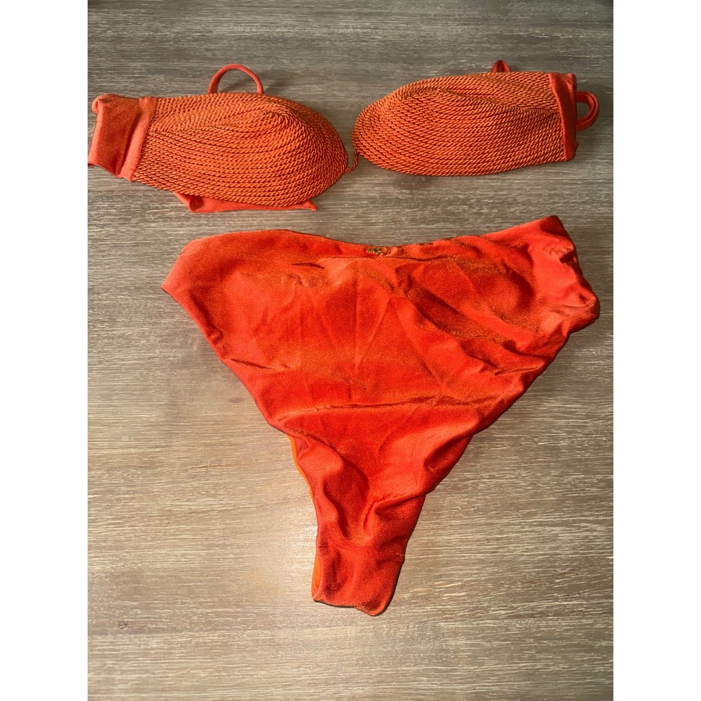 PatBO Burnt Orange Rope Textured Bikini Set High Waist Gold Buckle USA XL - Picture 9 of 9